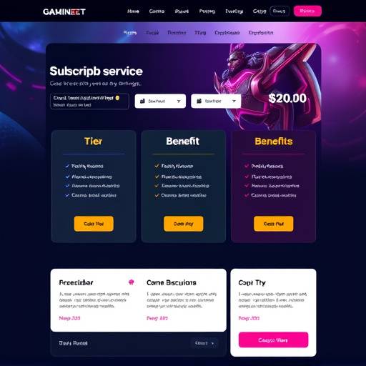 Mockup of a gaming service subscription page with different tier options and benefits listed.