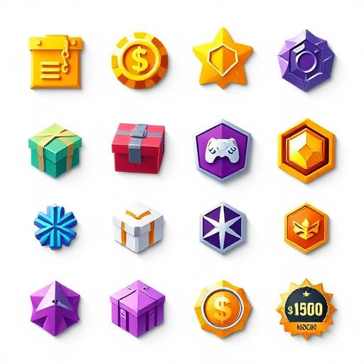 Visuals of in-game currency, loot boxes, and subscription icons, representing gaming monetization